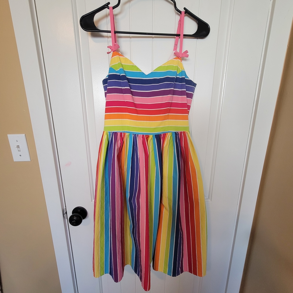Hell Bunny Rainbow Stripe Midi Dress with Pink Straps